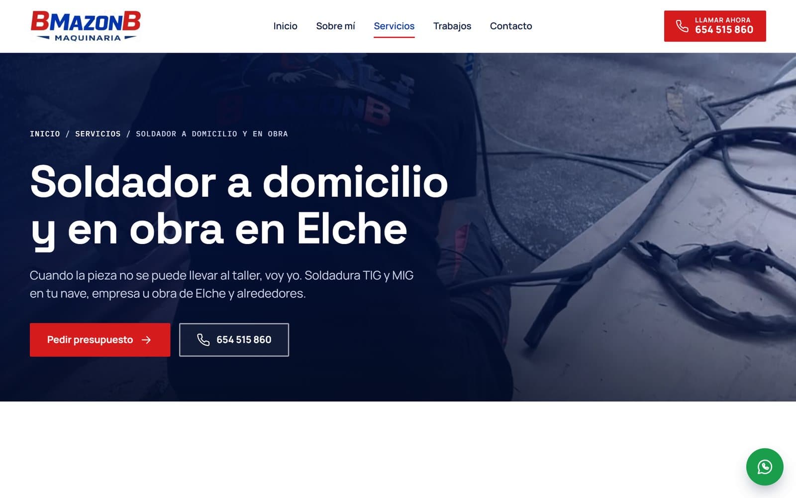 Página de servicio local 'Soldador a domicilio y en obra en Elche' de la web de BMazonB Maquinaria