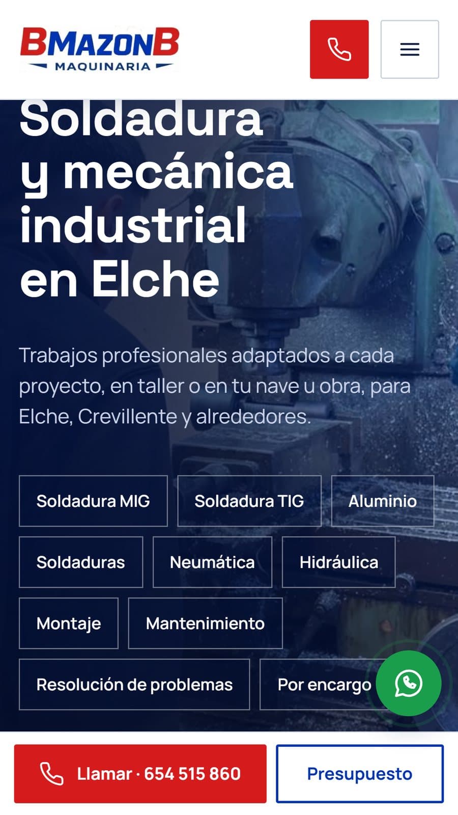 Página de servicios de la web de BMazonB Maquinaria vista en móvil